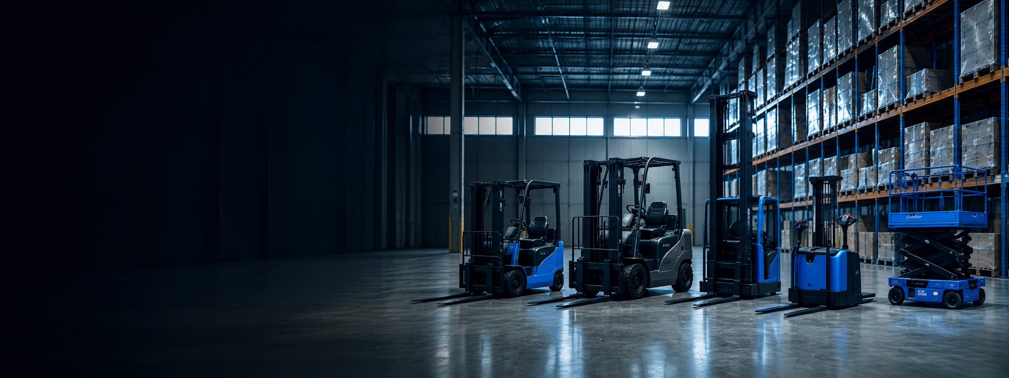 Everlift forklift range — electric & diesel forklifts, reach truck, pallet stacker and scissor lift in a warehouse